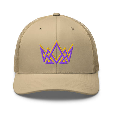 Khaki Christian trucker cap – embroidered royal crown design in purple and gold thread